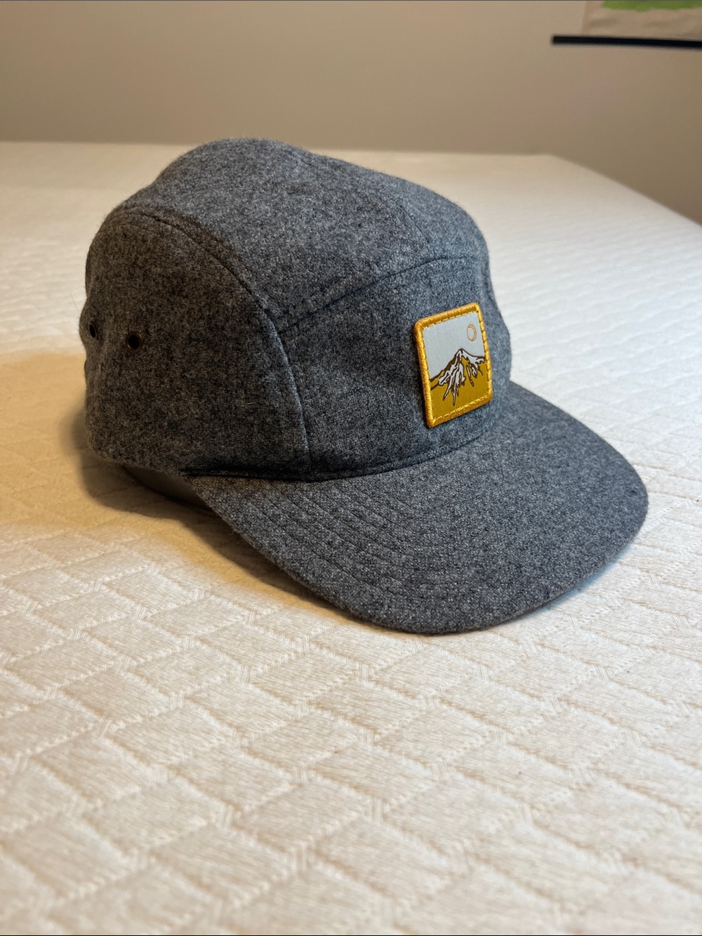 You Know Gray 78% Wool 5-Panel Cap mountain patch with Leather Strap, osfm